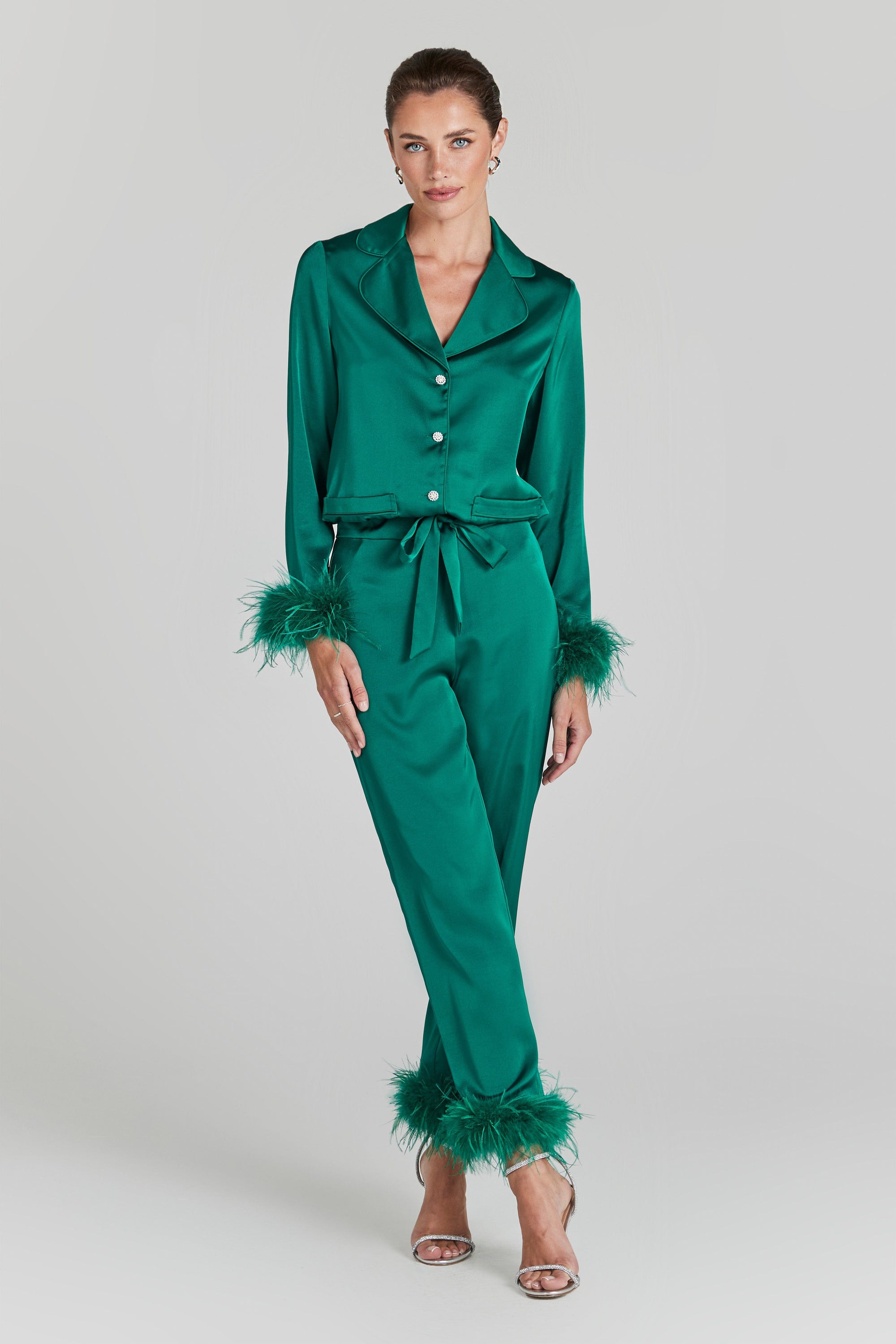 Green Satin Pajamas, Green Feather Pajamas