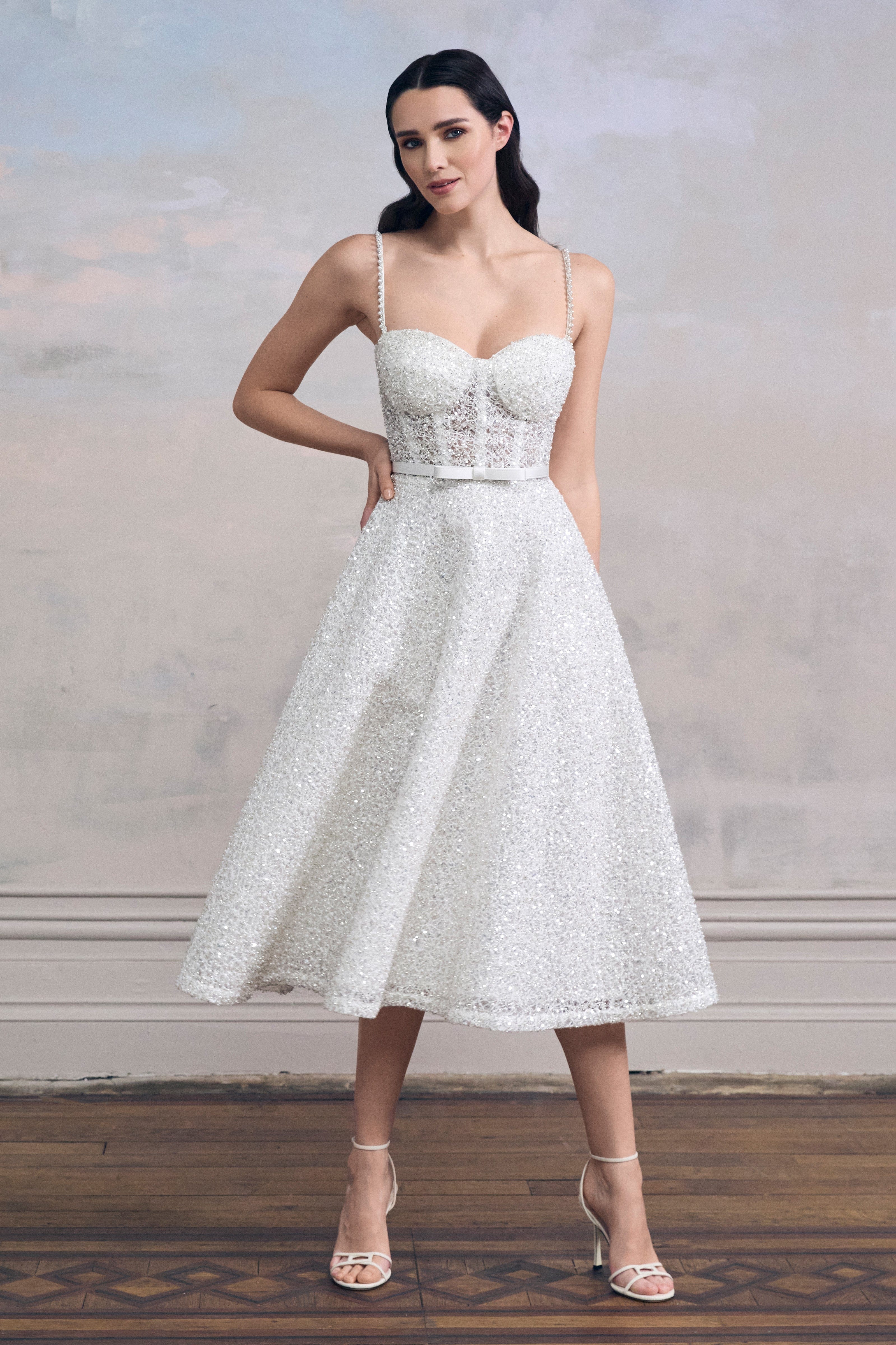 Marilyn White Embellished Midi Dress | NADINE MERABI