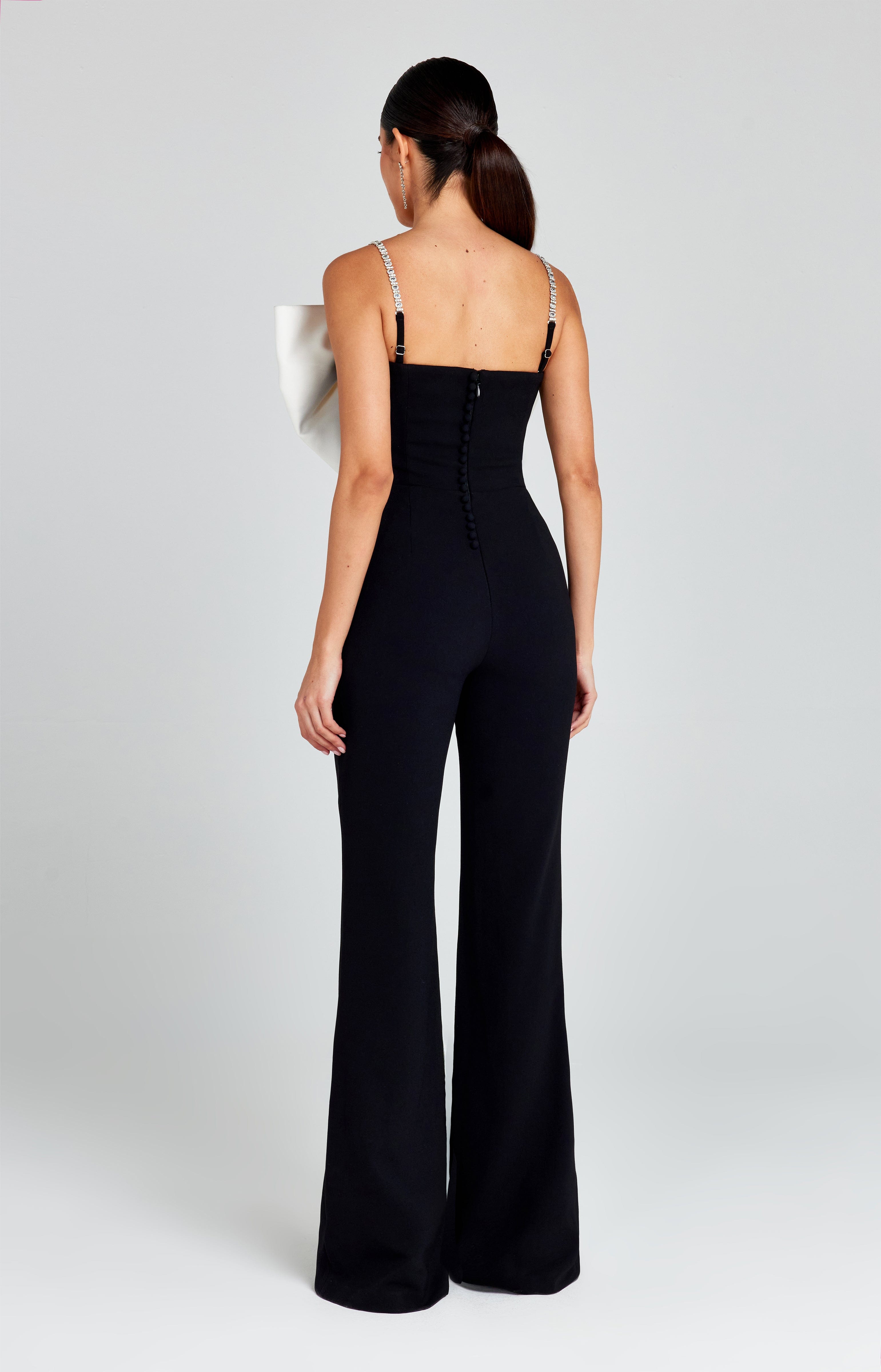 Black Feather Jumpsuit With Feather Trim | NADINE MERABI