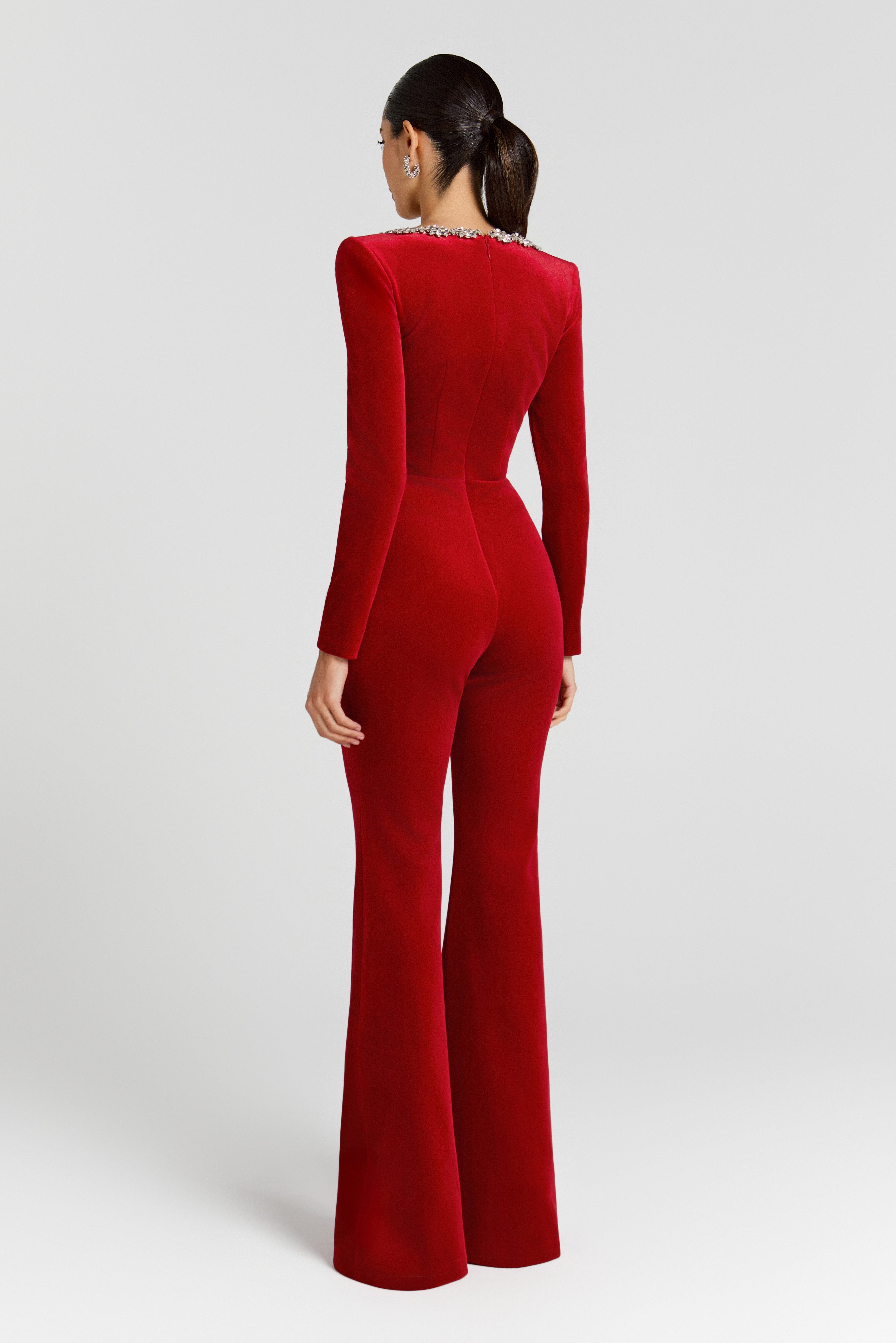 KIMBERLY Black Velvet Embellished Jumpsuit | NADINE MERABI