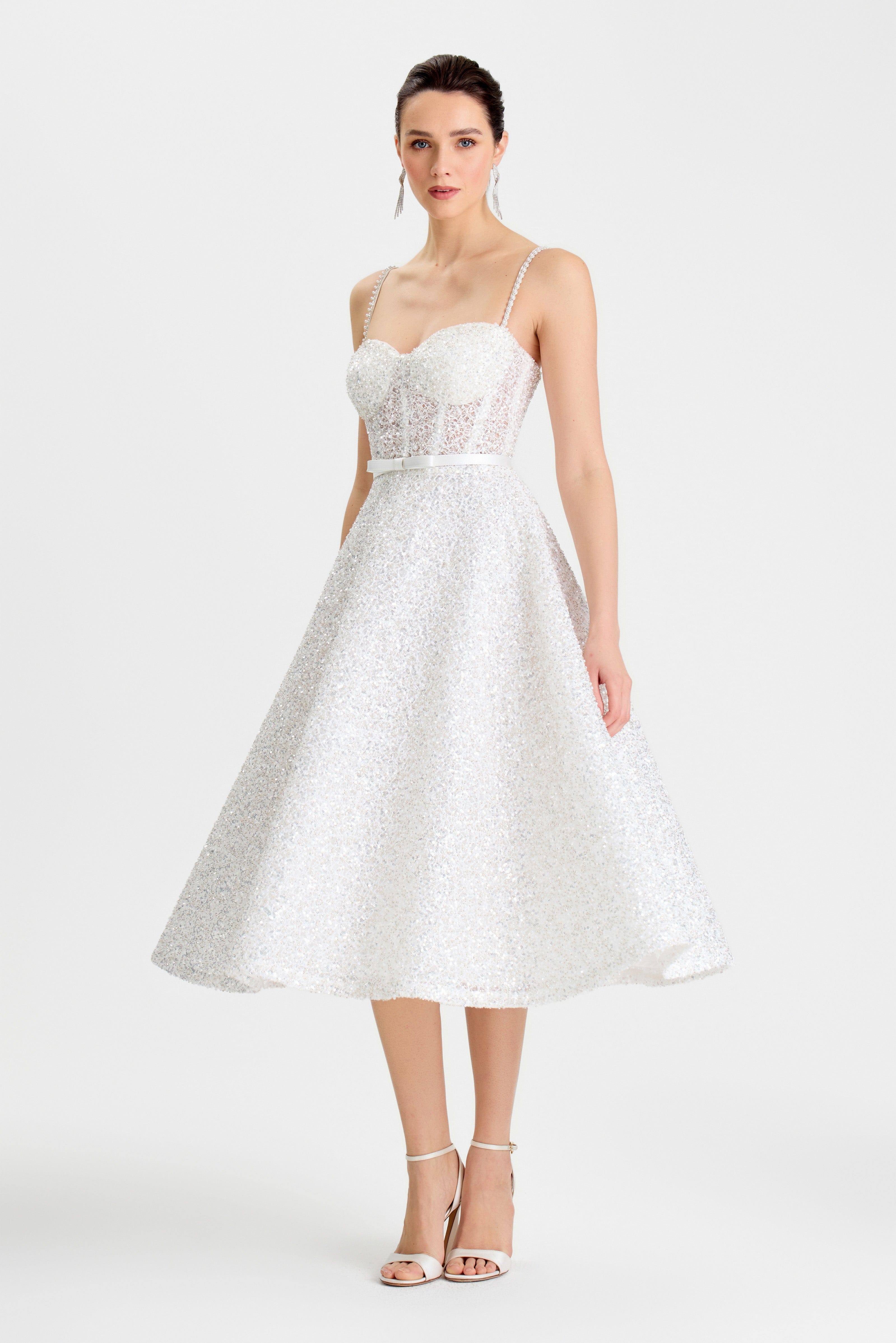 Marilyn White Embellished Midi Dress | NADINE MERABI