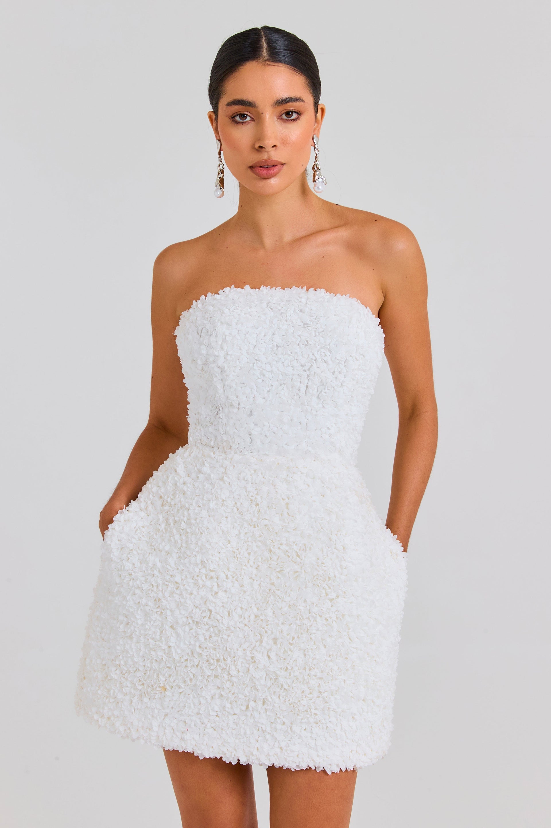 bandeau structured tulip mini dress in ivory Nadine Merabi Maisy White Dress 12