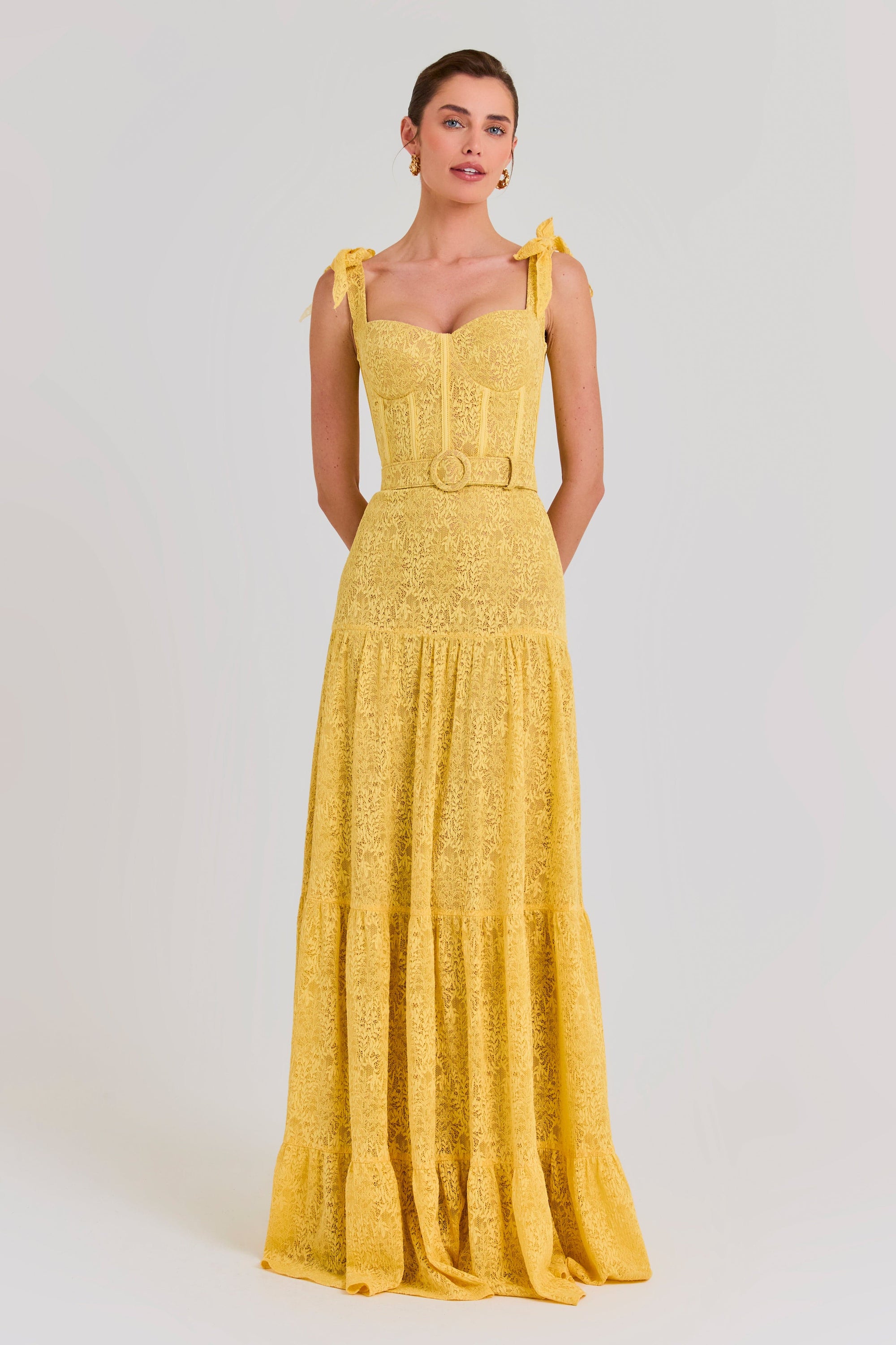 YELLOW FITTED MESH CORSET GOWN