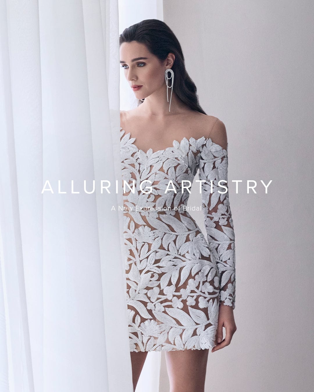 Woman wearing a white lace dress with 'Alluring Artistry' text overlay
