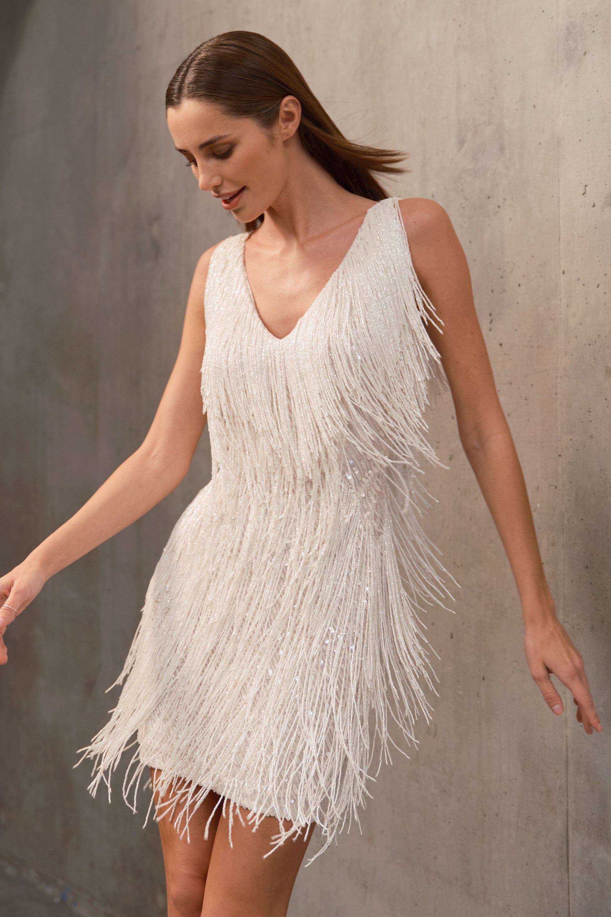 white beaded fringe dress Rebecca Retrofete Ideal for the bride Beaded Fringe Mini White Dress