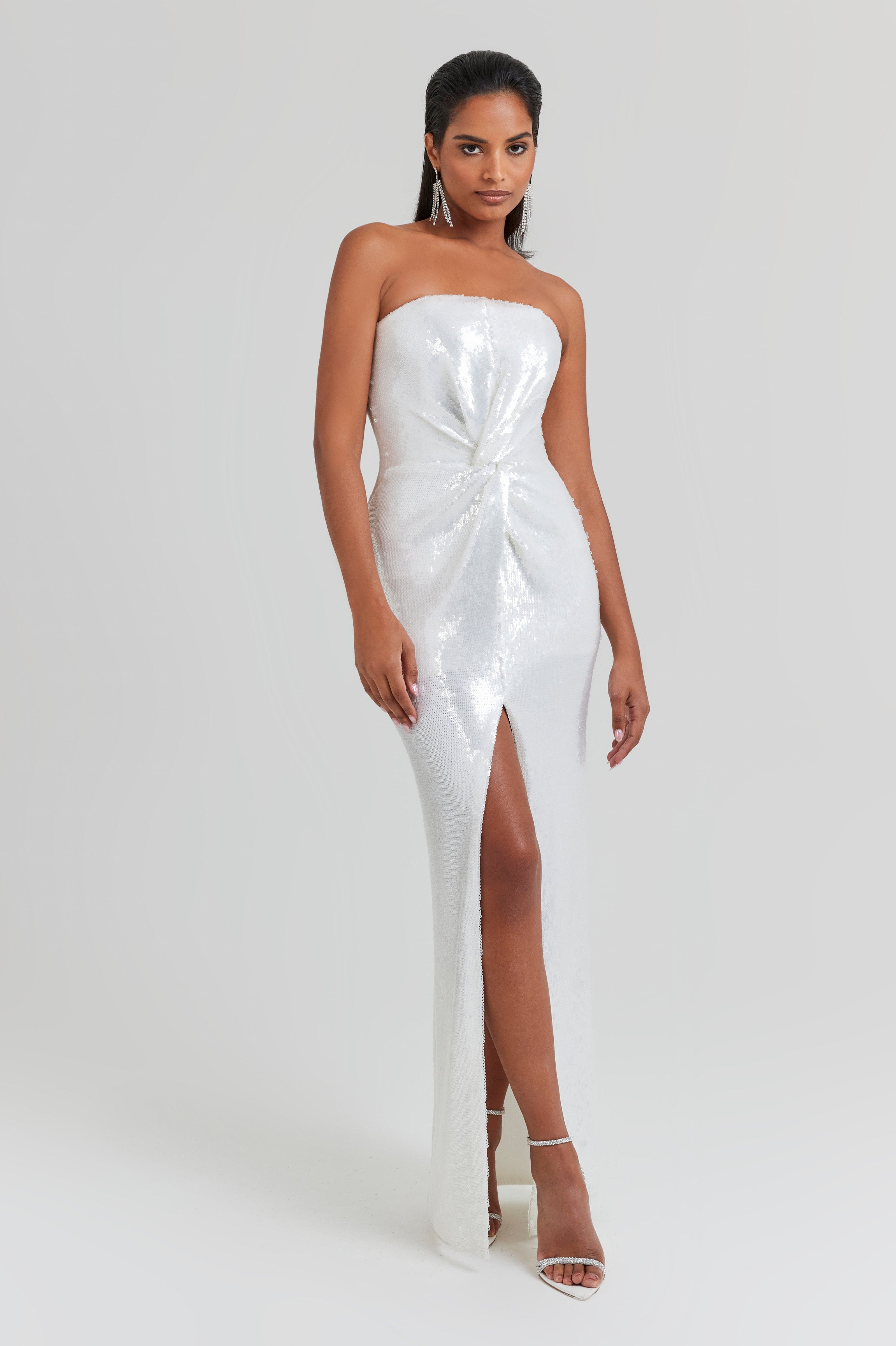 forever unique gold dress Nadine Merabi Maya white dress – Rent and Rotate main image 1